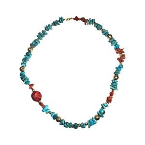 Vintage 26” Red Coral & Turquoise Nugget Necklace with Brass Beads Southwestern